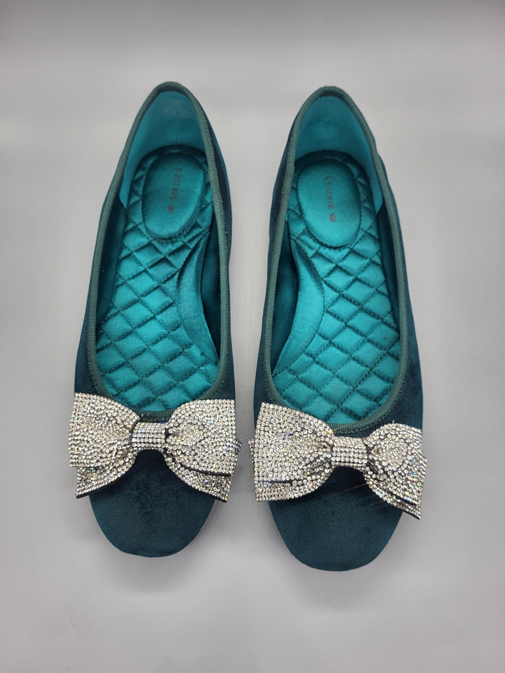 Birdies Teal Velvet Flats with Crystal Bow - Picture 2 of 14